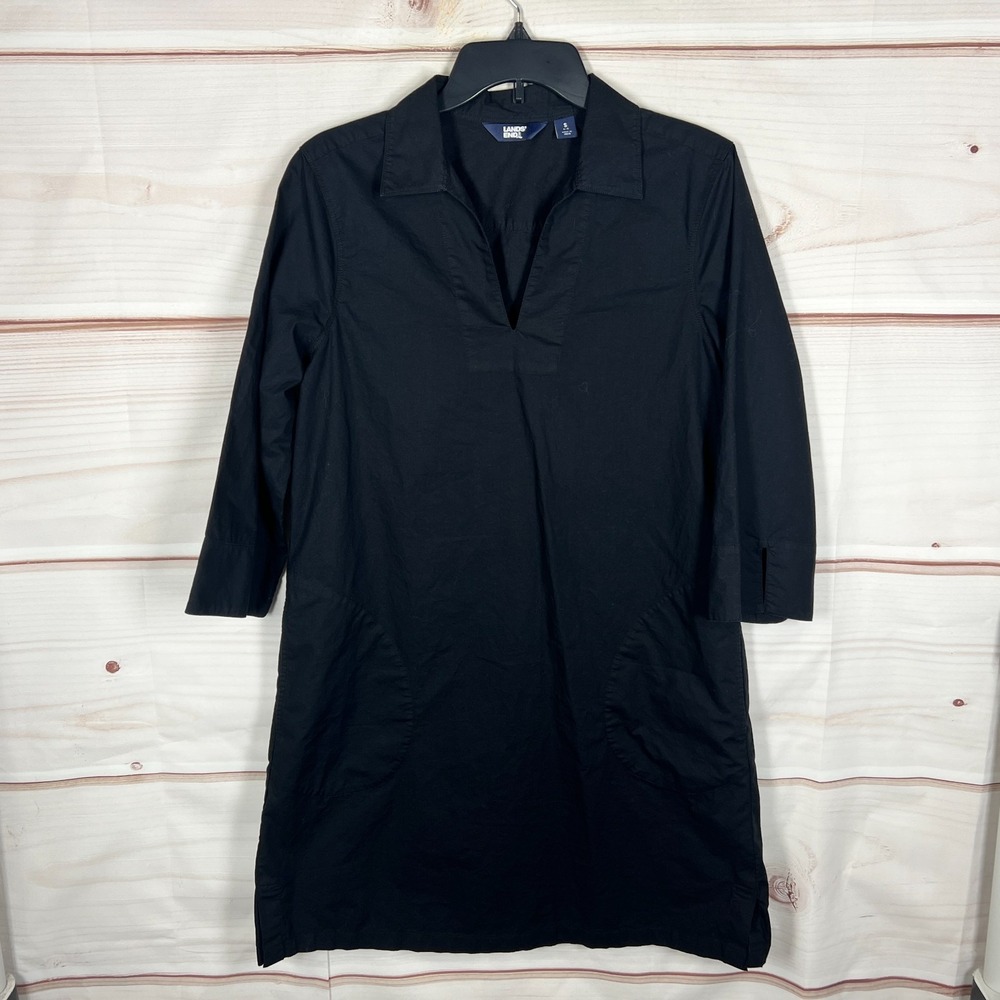 Lands End Dress Womens Small Black Cotton Poplin Shirt Pullover 3/4 Sleeve Solid